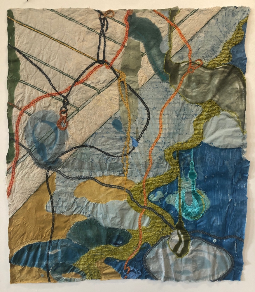 paper collage of abstract imagery that makes you think of water and what is swimming inside it